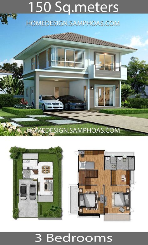 Simple House Design 9x7.5 With 3 Bedrooms B01 Unique Small House Plans, Minimalist Houses, 3 Storey House, 3 Storey House Design, Small Bungalow, Three Bedroom House Plan, 2 Storey House Design, 3d House Plans, Simple House Design