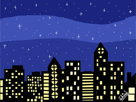 Several Buildings with Windows Under a Starry Night Sky City Simple Drawing, Night Sky Drawing Easy, City Drawing Easy, Night Sky Drawing, Clothe Designs, Art Skateboard, Speed Draw, New York Painting, Sky Digital