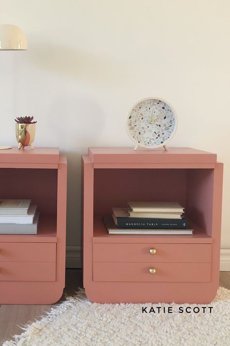 I immediately fell in love with the Post Modern lines of these nightstands when I saw them at the Habitat for Humanity Re-Store. They were a little worn out but with a fresh new coat of furniture paint, they’re ready for a whole new life in a funky modern-boho bedroom. #paintedfurniture #countrychicpaint #chalkpaint Colourful Bedside Table, Nightstand Inspiration, Unusual Bedside Tables, Night Stand Table, Pink Nightstands, Boho Nightstand, Rustic Room Decor, Nightstand Makeover, Painted Night Stands