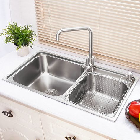 Modern Simple 304 Stainless Steel Sink Double Bowl Kitchen Washing Sink with Drain Basket and Liquid Soap Dispenser AOM8143 Undermount Stainless Steel Sink, Modern Kitchen Sinks, Double Kitchen Sink, Apron Sink Kitchen, Kitchen Sink Design, Modern Sink, Liquid Soap Dispenser, Double Bowl Kitchen Sink, Kitchen Interior Design Decor