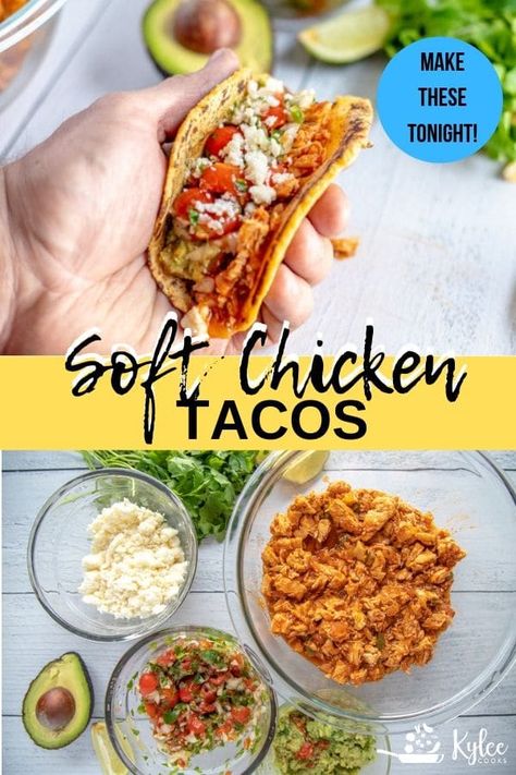 Delicious, easy to make soft chicken tacos that will kick your Taco Tuesday habit up a notch! Topped with anything you like, this is a recipe you'll make again and again. Perfect for a weeknight dinner or for sharing with friends on the weekend! #tacos #chicken #dinner #easyrecipe #kyleecooks Chicken Soft Taco Recipe, Soft Chicken Tacos, Tacos Ideas, Walnut Chicken Recipe, Soft Tacos Recipes, Chicken Soft Tacos, Tacos Chicken, Simmering Pot, College Recipes