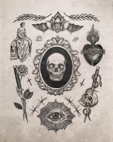 SPEGELDÖDSKALLEN!!! Art Flash, Flash Tattoo Designs, Flash Sheet, Tattoo Flash Sheet, Spooky Tattoos, Old School Tattoo Designs, 다크 판타지, Tattoo Art Drawings, Dark Tattoo