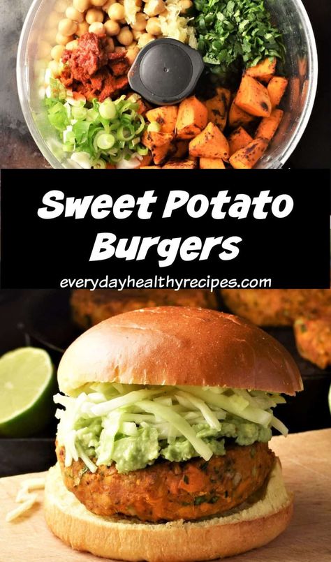 These sweet potato burgers are made using spiced, fried chunks of sweet potato so they have lots of delicious flavour as well as great texture. Vegan, gluten free and ready in under 30 minutes! #veganburger #vegetarianburger #sweetpotatoburger #veggieburger #everydayhealthyrecipes Veggie Burger Sweet Potato, Vegan Gluten Free Lunch Ideas, Alkaline Lunch, Sweet Potato Chunks, Fried Sweet Potato, Sweet Potato Patties, Vegetarian Recepies, Meatless Burgers, Vegetarian Burgers