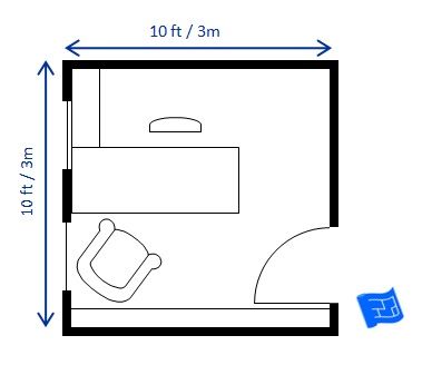 This 10 x 10ft (3 x 3m) home office floor plan houses a 5 x 2½ft (1.52 x 0.76m) desk with a side return against the wall for a bit of extra desk space. There's shelving along one wall and room for a reading chair as well. Click through to the website for more on home office design. Home Office Floor Plan, Home Office Layout Ideas, Small Home Office Layout, Home Office Design Layout, Trendy Home Office, Office Layout Plan, Office Layout Ideas, Home Office Furniture Design, Office Flooring