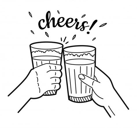 Drinking Drawing Alcoholic, Cheers Doodle, Hands Holding Glasses, Cheers Drawing, Beer Sketch, Cheers Tattoo, Chai Bar, Beer Glass Design, Pub Golf