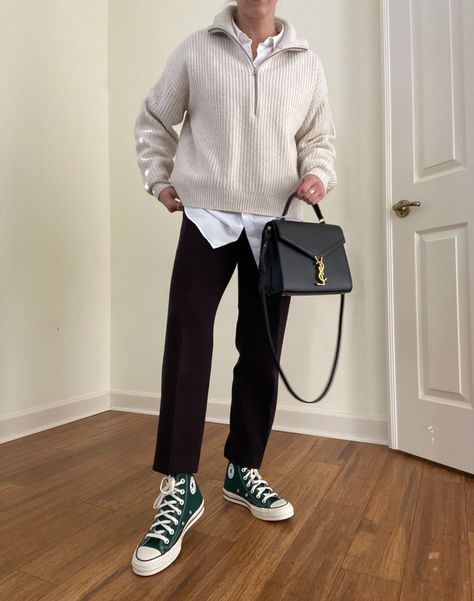 Sweater Outfit With Skirt, Zip Up Sweater Outfit, Half Zip Outfit, Half Zip Sweater Outfit, Zip Sweater Outfit, Outfit With Skirt, Sweater Outfit Ideas, Converse Bag, Half Zip Sweater