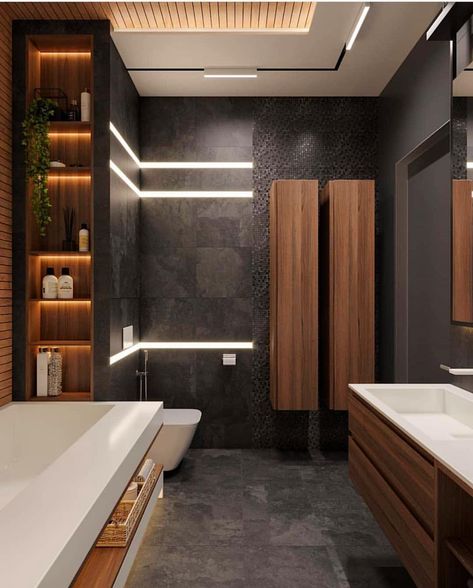 ♂ Contemporary bathroom with dark brown wood with black wall #interior #bathroom #design #contemporaryhome #bathroomideas #blackinterior Bathroom Modern Luxury, Drømme Bad, Design Interior Baie, Luxury Toilet, Toilet Design, Decor Baie, Unique Bathroom, Trendy Bathroom, Bathroom Design Luxury