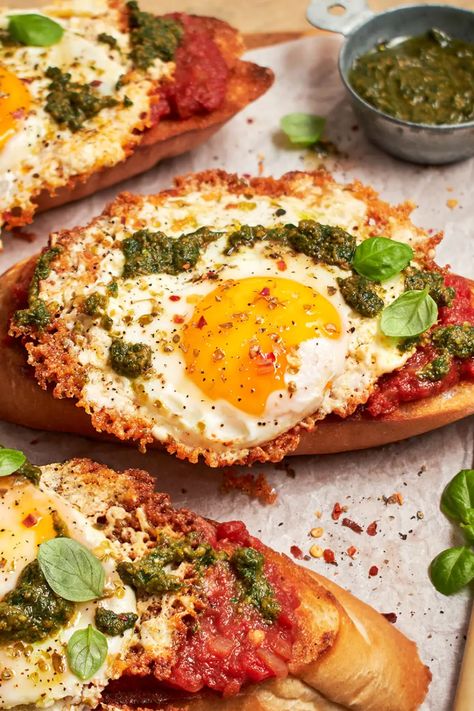 Combining a few favorite brunch dishes to create shakshouka toast with feta fried eggs, drizzled with pesto and red chili flakes. #breakfastideas #easybreakfast #easyrecipe #vegetarianmeals #eggs #toast #sandwichrecipe Healthy Food Prep Ideas, Food Prep Ideas, Healthy Food Prep, Eggs Toast, Brunch Dishes, Breakfast Toast, Fried Eggs, Red Chili Flakes, A Balanced Diet