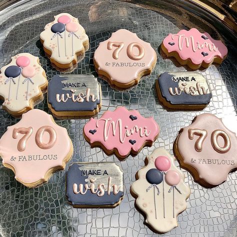 2 Smart Cookies on Instagram: “It’s a celebration for Mimi! Happy 70th Birthday Rose gold edible art cake paint is from Sweet Sticks • • • • #royalicingcookies…” Gift Cookies Decorated, Birthday Party Ideas For Mom, 70th Birthday Party Ideas For Mom, 70th Birthday Ideas For Mom, Moms 70th Birthday, 70th Birthday Party Ideas, Birthday Ideas For Mom, 70th Birthday Ideas, Sweet Sticks