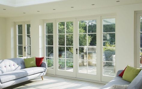 Should I choose French, Bi-fold or Sliding patio doors for my home? | Timber Windows North White French Doors Patio Exterior, Wood French Doors Patio, French Doors To Screened Porch, Glass Door To Garden, Family Room French Doors, French Doors And Windows, Bay Window Doors, French Doors Patio Farmhouse, White Sliding Doors Exterior