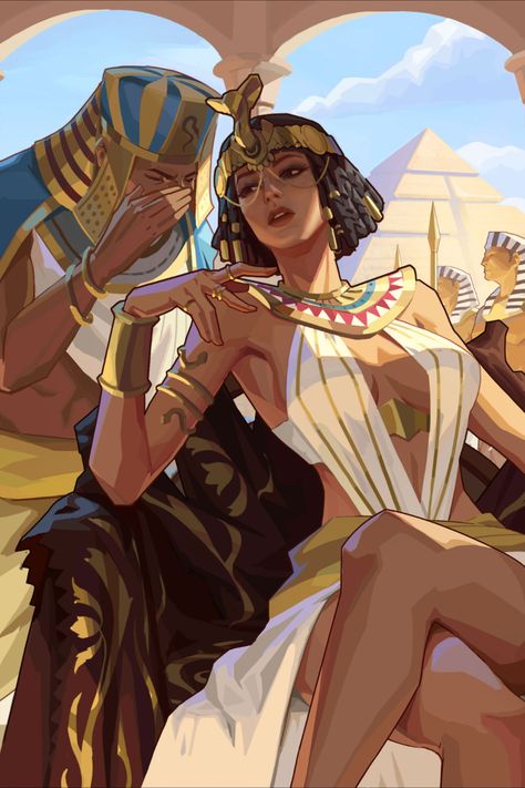 Cleopatra Character Design, Egyptian Gods Drawings, Magic User Pose Reference, Egyptian Dnd, Egyptian Oc, Egyptian Mythology Art, Queen Oc, Egyptian Character, Sekhmet Goddess