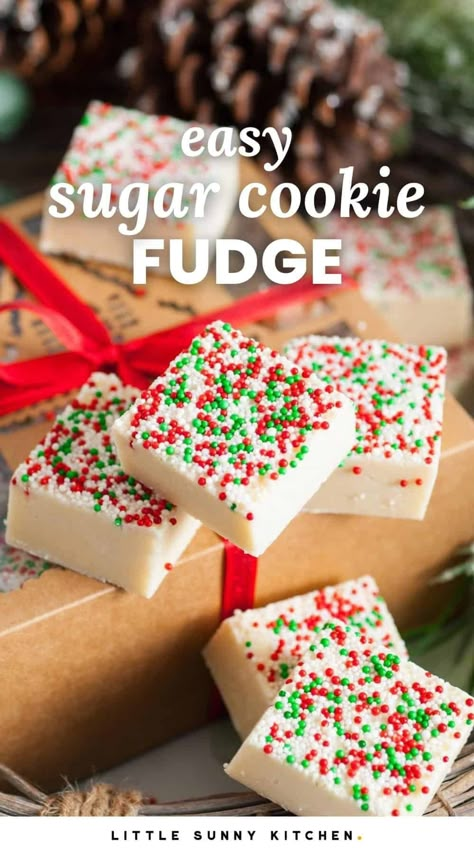 This fail-proof and easy-to-make Sugar Cookie Fudge is soft, creamy, sweet, and so pretty topped with holiday sprinkles! Sugar Cookie Christmas Fudge, Sugar Cookie Fudge Recipe, Christmas Fudge Ideas, Pretty Christmas Cookies, Chex Snacks, Sugar Cookie Fudge, Healthy Candy Recipes, Christmas Fudge Recipes Easy, Dinner Ideas Sides