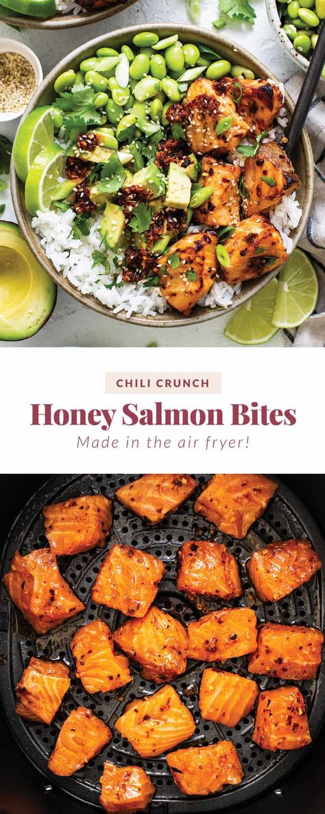 Honey Salmon Bites, Chili Crunch, Salmon Bites Recipe, Air Fryer Salmon, Salmon Bites, Edamame Salad, Fit Foodie Finds, Raw Salmon, Honey Salmon