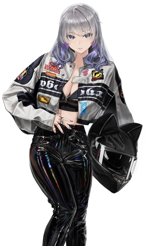 Biker Girl Art, Cyberpunk 2077 V Female Oc, Racer Outfit Women, Biker Character Design, Biker Pose, Female Racers, Car Outfit, Girl Draw, Side Character