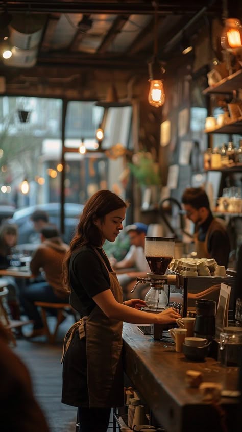 Barista Making Coffee: A focused barista diligently prepares a fresh cup of coffee in a bustling urban cafe. #barista #coffee #cafe #espresso #machine #aiart #aiphoto #stockcake ⬇️ Download and 📝 Prompt 👉 https://ayr.app/l/pSvZ Barista Making Coffee, Urban Cafe, Vietnam Coffee, Coffee Image, Cafe Barista, Vietnamese Iced Coffee, Coffee Shop Photography, Barista Coffee, Coffee Guide