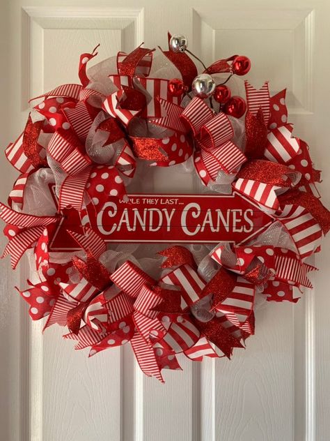 Christmas Wreath Red and White Wreath Candy Cane Wreath | Etsy Candy Cane Wreath Form Ideas, Dollar Tree Candy Cane Wreath Form, February Wreath, White Mesh Wreath, Red And White Wreath, Christmas Ribbon Wreath, Candy Cane Wreaths, Cane Decorations, Christmas Wreath Designs