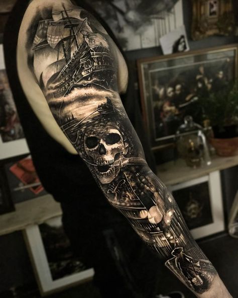 Pirate Sleeve Pirate Tattoo Sleeve, Pirate Sleeve, Tattoos Arm Mann, Ship Tattoo Sleeves, Pirate Skull Tattoos, Voll Arm-tattoos, Pirate Ship Tattoos, Nautical Tattoo Sleeve, Tattoo Wallpaper