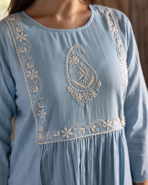 ~NOOR~ Charming Chikankari - New Arrivals! The blend of sky blue with the timeless appeal of Chikankari embroidery Strikes a beautiful visual balance. Textured dobby adds subtle depth to this lightweight kurta in a relaxed fit. Accessories: @tholiaskuber [ Cottons Jaipur, Cotton, Chikankari, Lucknow, Handcrafted, Hand-embroidered, Craftmanship ] #cottons #cottonsjaipur #newarrivals #chikankari #chikankariembroidery #handembroidery #indiancraft #craftmanship #indianart #threads #cottonku... Cotton Kurti Embroidery Designs, Chikankari Embroidery Design, Cottons Jaipur, Kurta Embroidery, Fit Accessories, Visual Balance, Indian Kurti Designs, Chikankari Kurta, Chikankari Embroidery