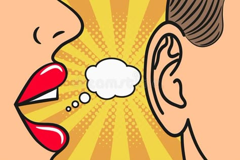 Woman lips whispering in mans ear with speech bubble. Pop Art style, comic book illustration. Gossip and secrets concept. Vector stock illustration Whispering Illustration, Gossip Drawing, Whispering Drawing, Whisper Drawing, Woman Lips, Up Drawings, How To Draw Ears, Comic Book Illustration, Style Comic