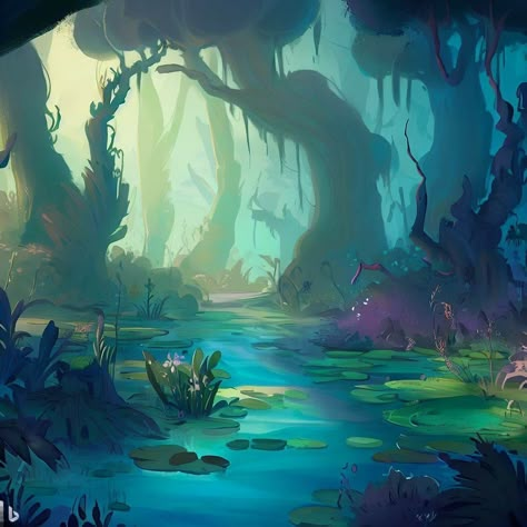 Fairy Swamp Aesthetic, Swamp Landscape Art, Feywild Landscape, Fantasy Swamp Art, Fairy Environment, Swamp Concept Art, Swamp Background, Swamp Illustration, Swamp Garden