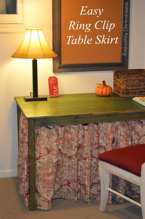 Dress up an ordinary table and create an easily accessible storage area with a ring clip skirted table. Sew easy or no sew, that's totally up to you! Diy Table Skirts, Skirted Table, Table Skirting, Craft Table Diy, Table Skirts, Dirty Kitchen, Ring Clip, Simple Curtains, Make A Table