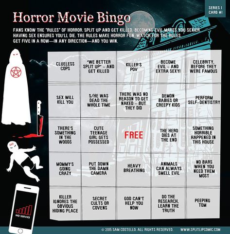 Horror Movie Bingo Halloween Movie Bingo, Horror Movie Bingo, Bingo Movie, Movie Bingo, Halloween Party Inspo, Drinking Ideas, Activities For Halloween, Scary Movie Night, Horror Movie Night