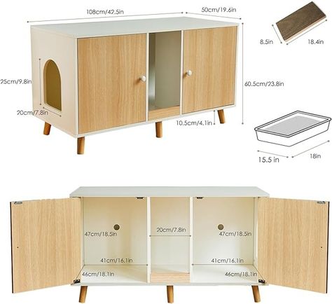 Amazon.com: JanflyHome Litter Box Enclosure for 2 Cats - 42.5" Double Hidden Cat Litter Box Cabinet with Scratching Pad Large Space Indoor Pet House Crate Furniture Modern, Wood : Pet Supplies Hidden Laundry Rooms, Litter Box Cabinet, Cat Litter Cabinet, Ikea Cat, Hiding Cat Litter Box, Cat Cabinet, Cat Bathroom, Hidden Closet, Cardboard Cat