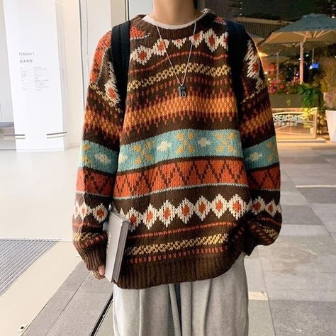 80s 90s Men Long Sleeve Crew Neck Argyle Geometric Knitted | Etsy Mode Hippie, Lazy Style, Retro Sweater, Swaggy Outfits, Looks Style, Mode Inspiration, Casual Pullover, Retro Outfits, Dream Clothes