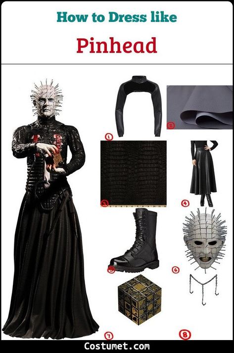 Hellraiser Halloween Costumes, Hellraiser Inspired Outfit, Pin Head Costume, Diy Hellraiser Costume, Pinhead Costume Female, Hell Raiser Costume, Hellraiser Cosplay, Diy Pinhead Costume, Pinhead Hellraiser Costume