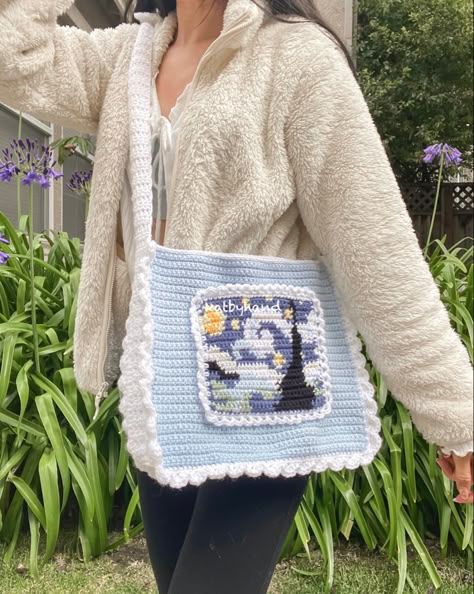 Stary Night Crochet, Starry Night Crochet Bag, Ao3 Crochet Bag, Crochet Starry Night Bag, Crochet Bag Embroidery, Van Gogh Crochet Bag, Gingham Crochet Bag, Starry Night Crochet Pattern, Tapestry Bag Crochet