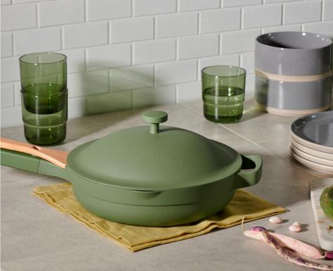 Our Place Always Pan in green alongside our place kitchenware Utensils Photography, Clown House, Always Pan, Cookware Design, Kitchen Pans, Apt Decor, Birdy Grey, Cooking Temperatures, Enjoy The Journey