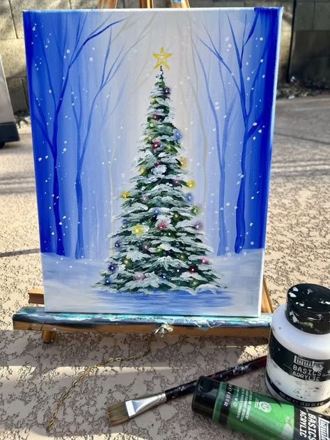 Christmas Art Diy Holiday Painting, Christmas Theme Paintings, Easy Christmas Pictures To Paint, Painting Tutorial Acrylic Step By Step, How To Paint A Christmas Tree, Holiday Acrylic Painting, Snowy Forest Background, Christmas Canvas Art Easy, Simple Christmas Paintings