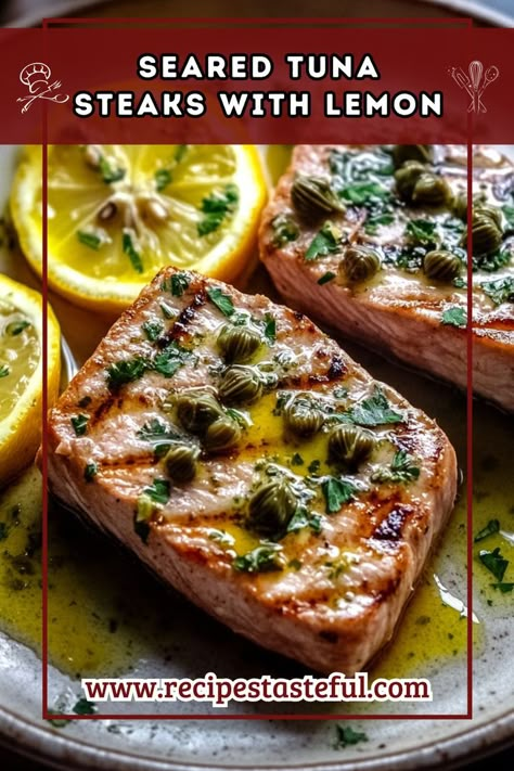 Deliciously seared tuna steaks topped with a zesty lemon caper butter, perfect for a light yet flavorful meal. This recipe is quick to prepare and offers a taste of the sea paired with fresh herbs and citrus. Broiled Tuna Steak Recipe, Baked Tuna Steaks, Tuna Steak Dinner, Tuna Dinner Recipes, Seared Tuna Steak, Seared Tuna Recipe, Fresh Tuna Recipes, Tuna Steak Recipe, Clean Eating Dinner Ideas