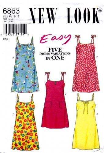 New Look 6863 Misses Dresses Spaghetti Strap Summer Sewing Pattern Easy Sizes 6-16 Strap Dress Pattern, Dress Variations, Slip Dress Pattern, Sundress Sewing Patterns, Summer Sewing Patterns, Summer Dresses Diy, Neckline Variations, Summer Dress Sewing Patterns, Sundress Pattern