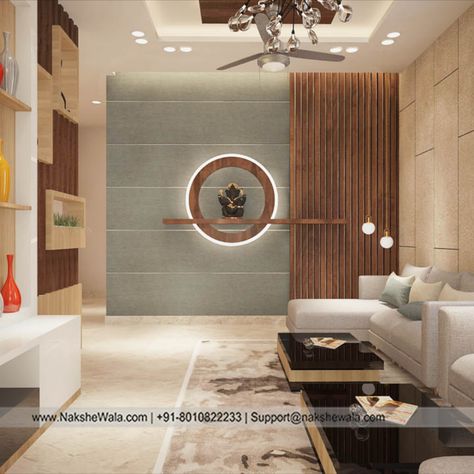 Living room interior design by NaksheWala.com. 
Tell us how you like your living room to look? Big Wall Design Living Room, Main Hall Wall Design, Highlighted Wall Living Rooms, Wall Highlights Living Rooms, Wall Highlight Ideas Living Room, Drawing Room Highlight Wall, Living Room Main Wall Design, Ceiling Partition Design, Wall Design Ideas Living Room Modern