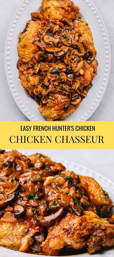 So delicious and easy to make! Chicken Chasseur, also known as Hunter's Chicken, is a classic French stew made with chicken in a savory brown sauce. #chickenchasseur #chasseur #poulet #stew #chickenstew #mushroom #brownsauce #frenchcuisine #frenchrecipes #chickenrecipes Hunters Chicken Recipe, Chicken Chasseur Recipe, French Stew, French Chicken Recipes, French Recipes Authentic, Chicken Chasseur, Hunters Chicken, Easy French Recipes, Fantastic Recipes