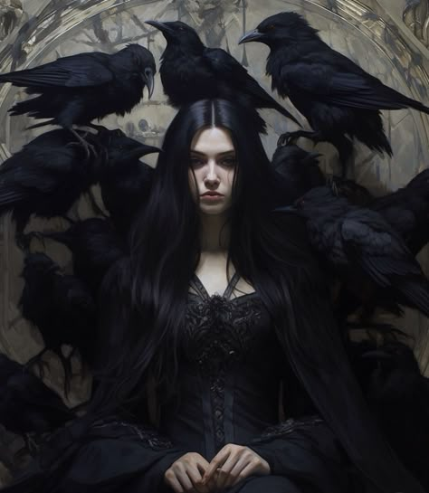 Crow Witch Aesthetic, Raven Goddess Art, Queen Of Vampires, Dark Feminine Characters, Witch Powers Aesthetic, Gothic Asthetics Photos, Creepy Astethic, Gothic Fantasy Aesthetic, Beautiful Witch Art