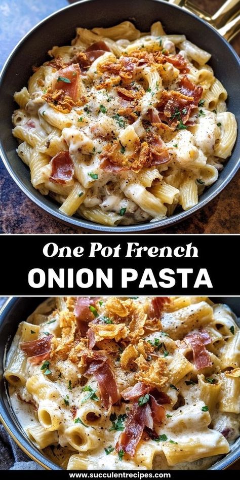 Enjoy this savory One Pot French Onion Pasta with Crispy Prosciutto—a rich, caramelized onion sauce topped with crunchy prosciutto! Half Baked Harvest French Onion Pasta, Sour Cream And Onion Pasta, Prosciutto Pasta Recipes, French Onion Pasta Bake, Recipes With Prosciutto, French Onion Chicken Pasta, One Pot French Onion Pasta, French Dinner Recipes, Creamy French Onion Pasta