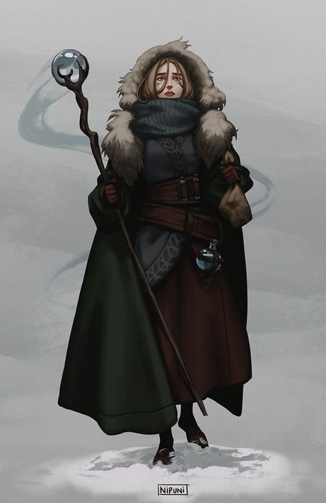 Questing in Sahrnia by nipuni on DeviantArt Icewind Dale, A Staff, Dnd Art, Fantasy Inspiration, Winter Clothing, Medieval Fantasy, Dragon Age, Fantasy Clothing, Character Creation