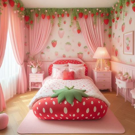 Strawberry Aesthetic Decor, Strawberry Shortcake Bedroom Ideas, Strawberry Bedroom Ideas, Strawberry Bedroom Aesthetic, Strawberry House Decor, Cherry Room Aesthetic, Strawberry Shortcake Bedroom, Strawberry Shortcake Room, Pink And Red Room