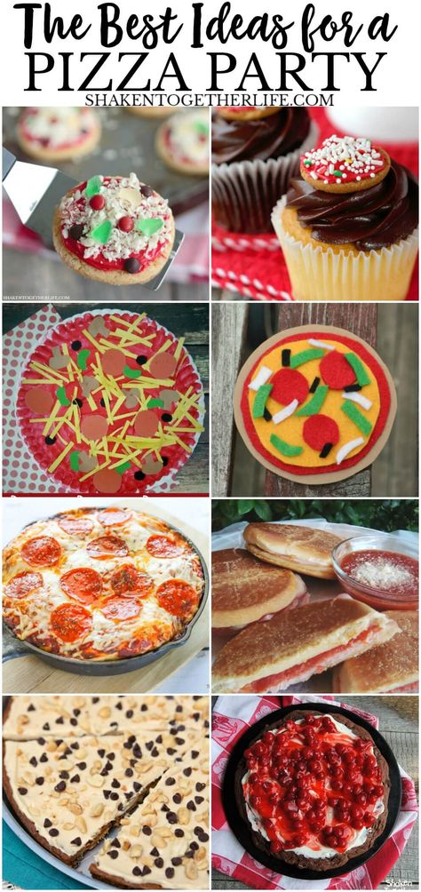 The BEST Ideas for a Pizza Party - includes pizza themed food, activities, desserts, decorations and more! Pizza Themed Desserts, Pizza Decorations, Pizza Theme Party, Pizza Themed Birthday Party, Desserts Pizza, Pizza Party Ideas, Pizza Party Games, Pizza Dippers, Apple Dessert Pizza