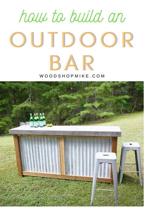 Ever wished you had a great space outside to serve drinks and party food? Watch as Woodshop Mike shows you step by step how to make this outdoor bar, complete with a concrete top! Made with weather resistant materials, this outdoor bar will serve you and your guests for years to come. #outdoorbar #entertaining #outdoorfurniture #DIY #outdoor #outdoorparty #entertainingoutside #concrete #concretecountertop #rusticoutdoorbar #potterybarn #potterybarnoutdoorbar #woodworking #woodprojects #outside Outdoor Bar Backyard, Diy Patio Bar, Outdoor Bar Plans, Rustic Outdoor Bar, Bar Backyard, Patio Oasis, Diy Outdoor Projects, Diy Outdoor Bar, Outside Bars