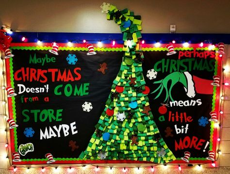 Christmas Grinch Dr. Seuss high school bulletin board Christmas Library Bulletin Boards, Grinch Bulletin Board, Christmas Board Decoration, Christmas Bulletin Board Ideas, December Bulletin Boards, Bulletin Board Tree, Holiday Bulletin Boards, Christmas Bulletin Boards, Christmas Classroom Door