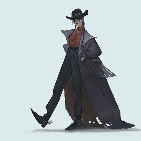 Western Gothic Character Design, Southern Gothic Dnd Character, Country Character Design, Gothic Cowboy Fashion, Goth Western Outfits, Cowboy Outfit Drawing, Goth Cowboy Aesthetic, Cowgirl Character Design, Goth Character Design