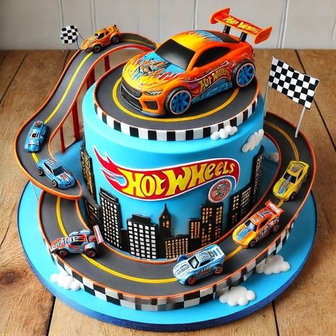 Hotwheel Cake Ideas, Cake Hot Wheels Birthday, Hot Wheels Bday Party Ideas, Birthday Cake 4th Boy, Boys 5th Birthday Cake, Hot Wheels Torte, Hot Wheels Birthday Cake Ideas, Boys 4th Birthday Cake, Hotwheel Cake