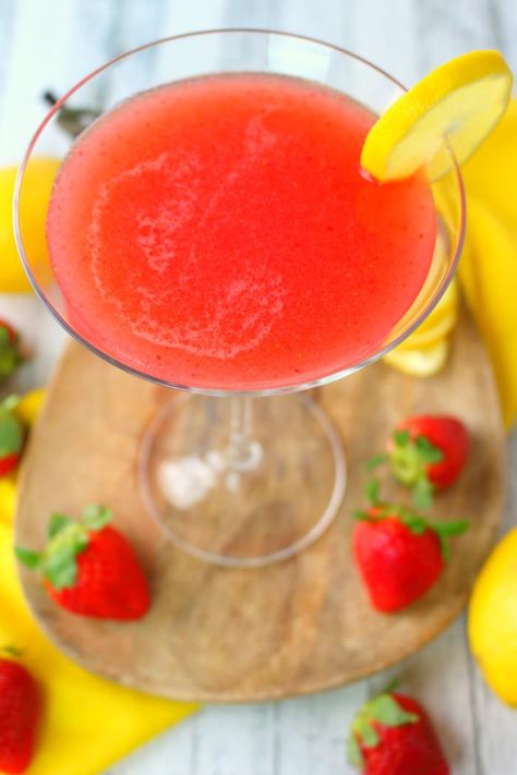 If you love the classic Lemon Drop Cocktail, then you'll love this strawberry version! Made with fresh strawberry puree, lemoncello liqueur, and a couple other ingredients, this fresh, delicious lemon drop drink comes together in just minutes. Cheers, everyone! Strawberry Lemon Drop Martini, Strawberry Lemon Drop, Blended Drink Recipes, Easter Brunch Drinks, Lemon Drop Drink, Lemon Drop Martini Recipe, Lemon Drop Recipe, Limoncello Cocktail, Lemon Martini