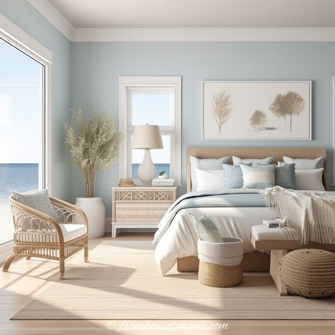 A two-toned bedroom featuring light blue walls and a beige ceiling Futuristic Playground, Light Modern Bedroom, Beige Ceiling, Light Blue Rooms, Bedrooms Inspiration, Florida Bedroom, Costal Bedroom, Light Blue Bedroom, Blue Bedroom Walls