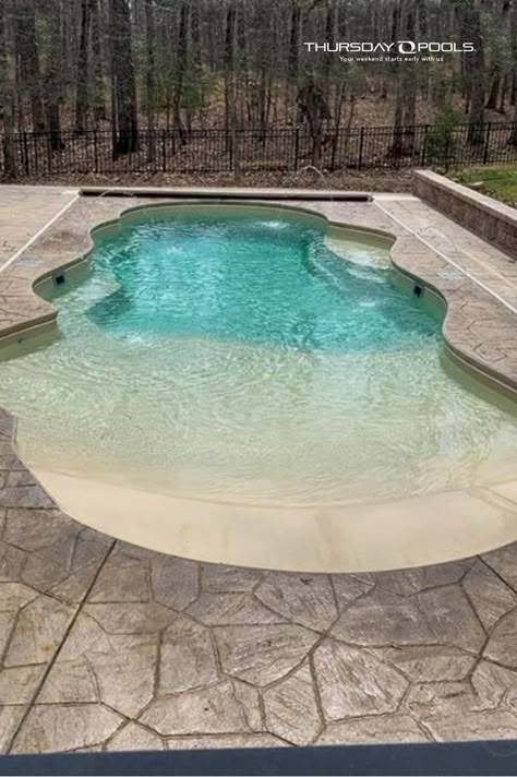 Fiberglass Beach Entry Pool, Small Beach Entry Swimming Pools, Small Pool With Beach Entry, Beach Like Swimming Pools, Beach Entry Cocktail Pool, Small Walk In Pool, Smaller Inground Pool Ideas, Beach Entry Pools Backyard, Beach Style Pool Backyards