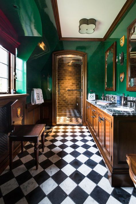 Black and white tiles and a green wall creates a rich, elegant bathroom. Designed by Rinfret, LTD. Black And White Bathroom Floor, Black Tile Bathrooms, Bathroom Downstairs, Bathroom Green, Black White Bathrooms, White Bathroom Tiles, Casa Country, Bad Inspiration, Downstairs Bathroom