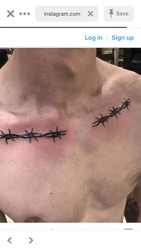 Collarbone Tattoo Barbed Wire, Barbed Wire Collarbone Tattoo, Clavical Tattoo Men, Barbwire Collar Bone Tattoo, Barbed Wire Chest Tattoo, Color Bone Tattoo Men, Barbwire Tattoo For Men, Metal Head Tattoos, Barbed Wire Collar Bone Tattoo